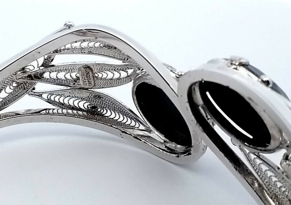 Sorrento Sterling Hematite Filigree Hinged Bangle Bracelet&Clip on Earrings Set - Image 4