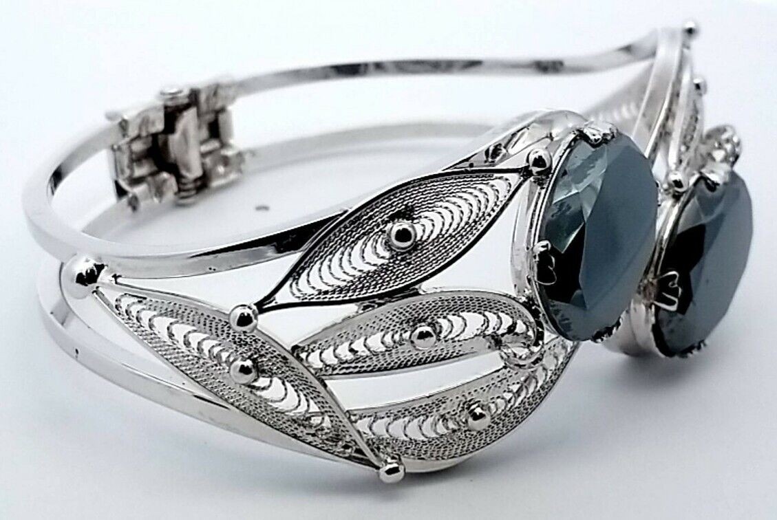 Sorrento Sterling Hematite Filigree Hinged Bangle Bracelet&Clip on Earrings Set - Image 7