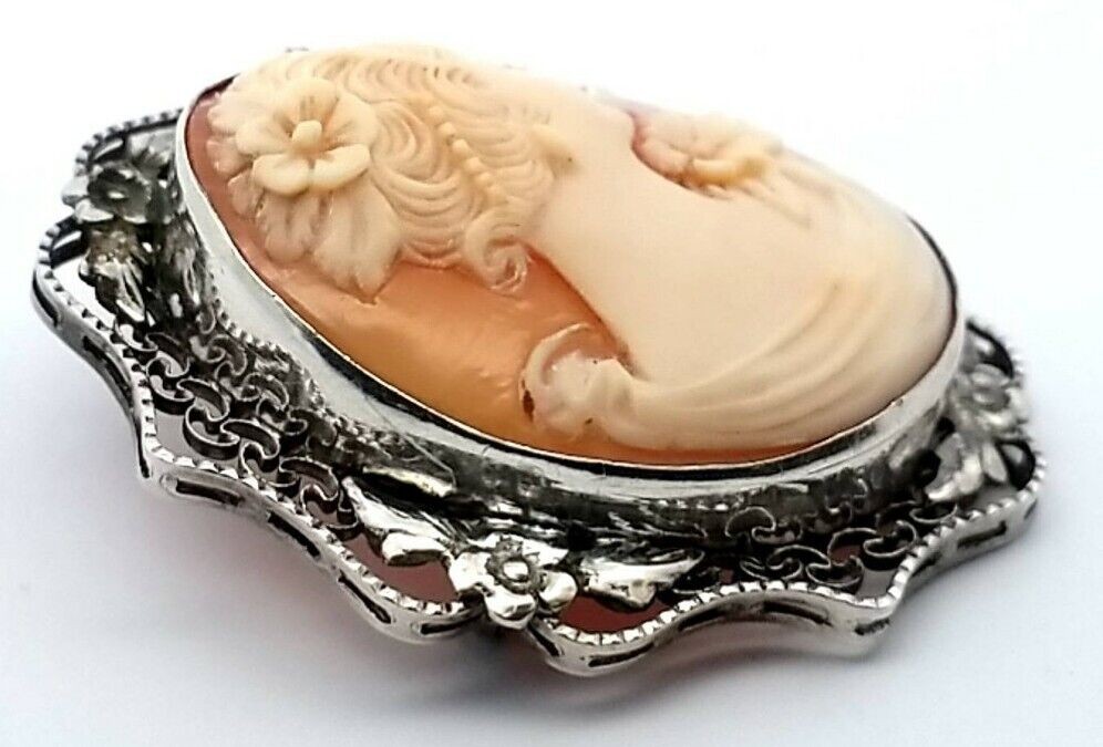 Vintage 925 Sterling Silver Filigree Frame Cameo Pin/Brooch 7.0 Grams - Image 3