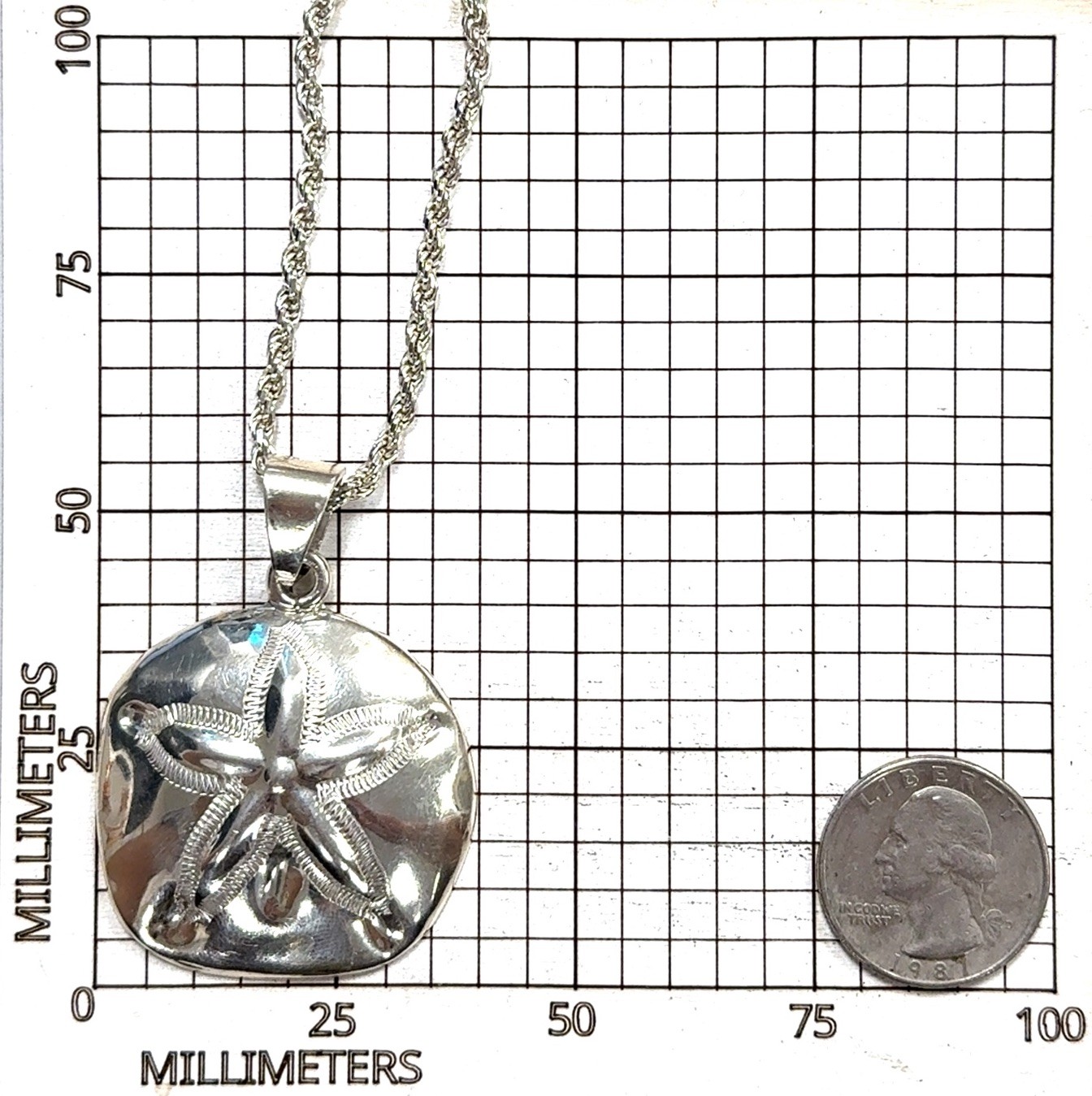 24” Mexico 925 Sterling Silver Sand Dollar Pendant Rope Chain Necklace 36.9g - Image 8