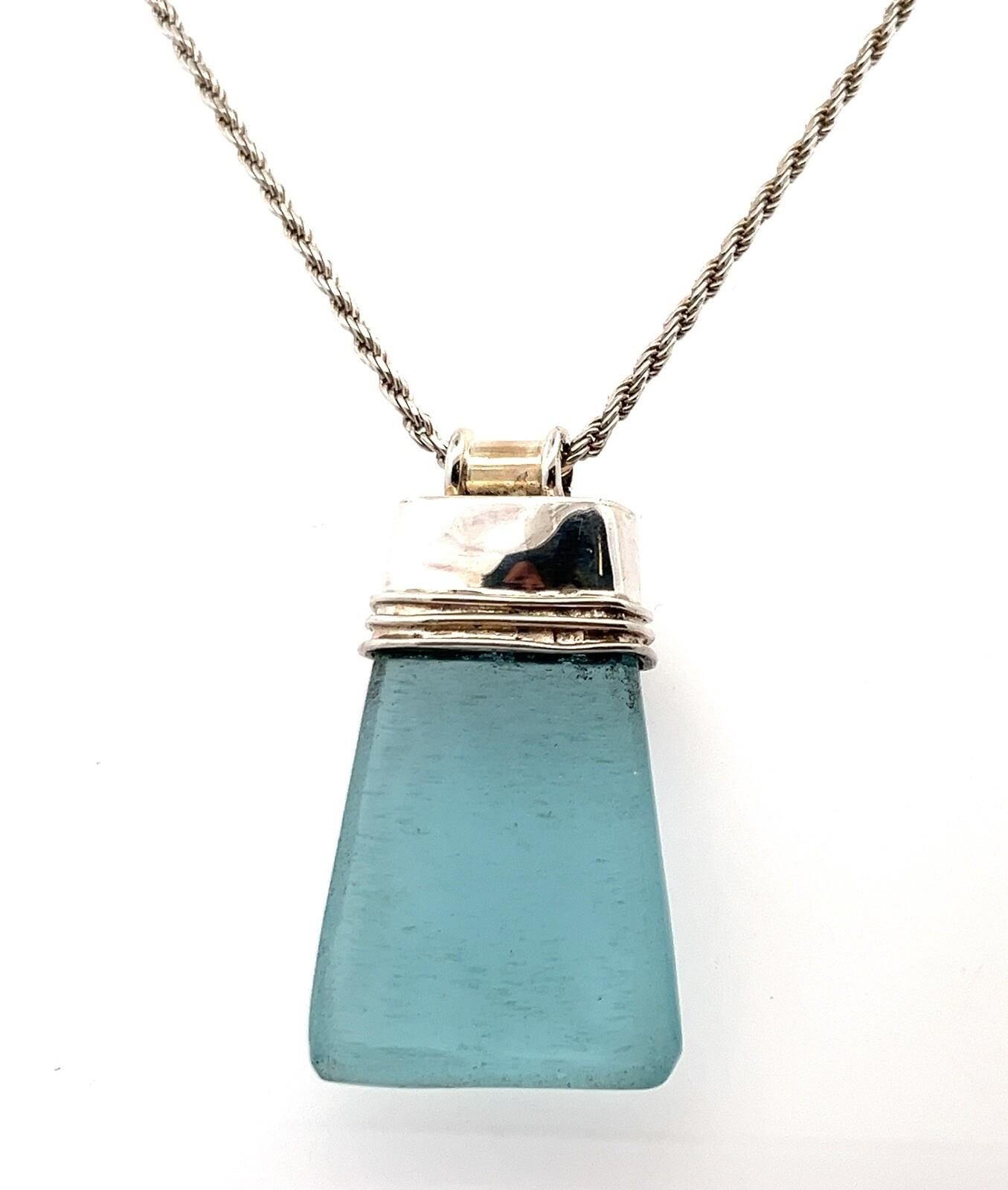 22” Rope Chain Necklace w/ 925 Sterling Silver Blue Sea Glass Pendant 37.3g - Image 2