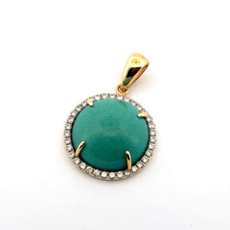 D.C. 18k Yellow Gold Turquoise Cabochon & Diamond Halo Pendant 3.4g