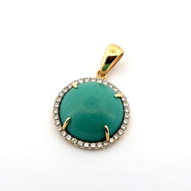 D.C. 18k Yellow Gold Turquoise Cabochon & Diamond Halo Pendant 3.4g