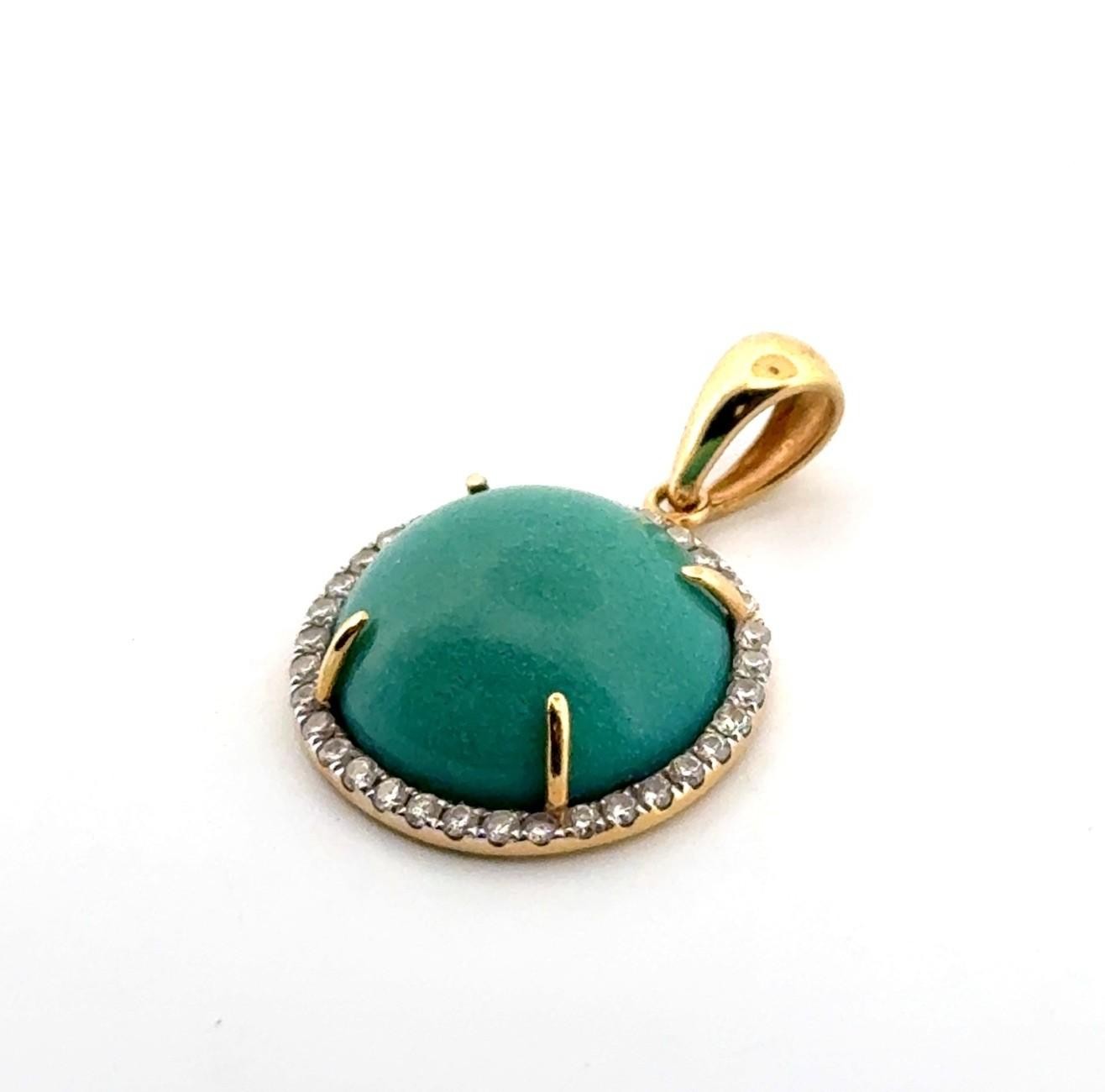 D.C. 18k Yellow Gold Turquoise Cabochon & Diamond Halo Pendant 3.4g - Image 2