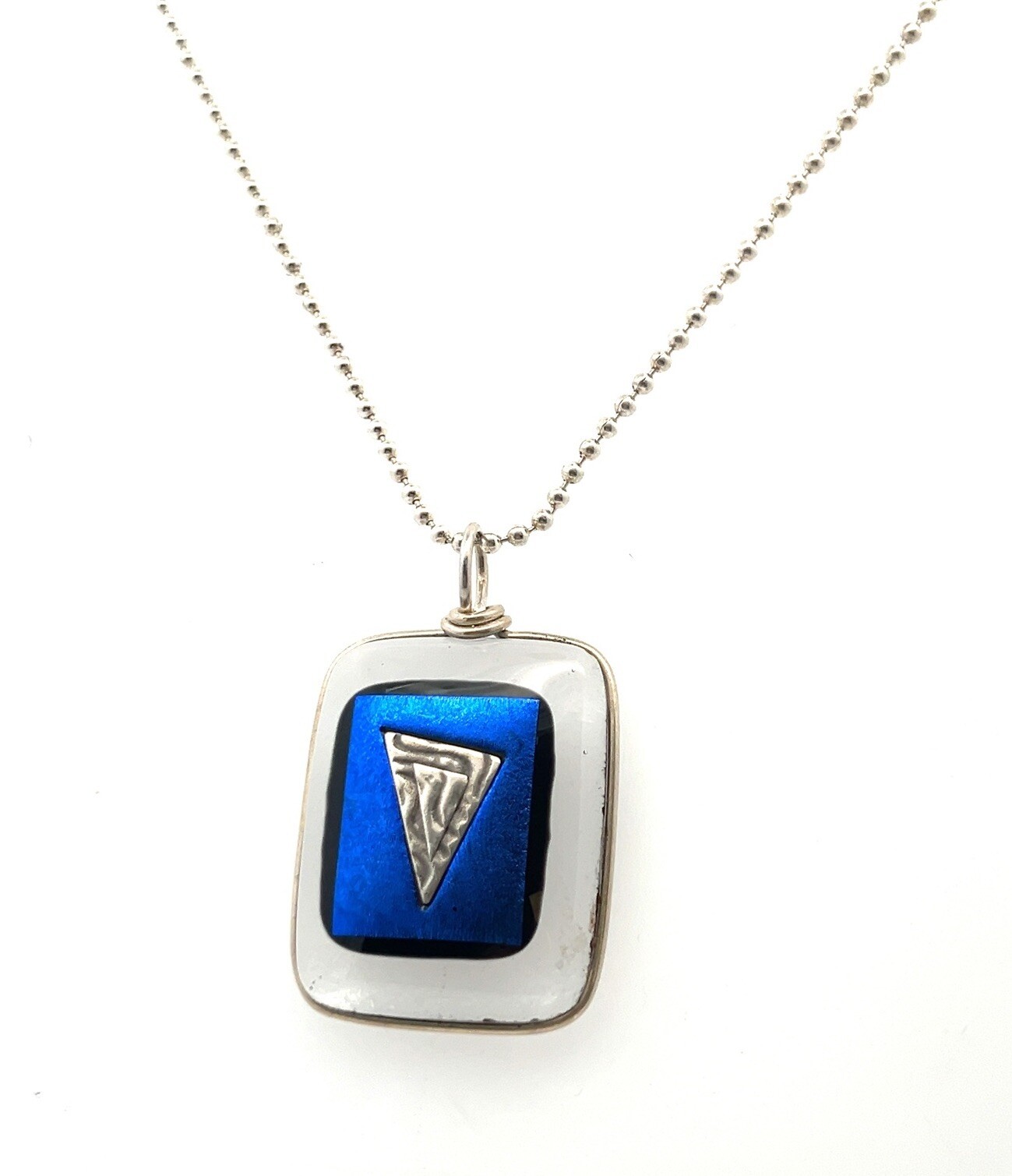 24” 925 Sterling Silver Bead Chain w/ Blue Clear Glass Pendant 17.3g