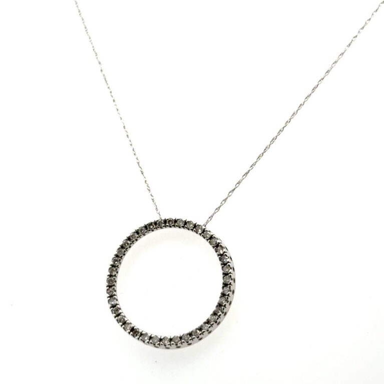 17” Dainty 14k White Gold Diamond Circle Pendant on 14k White Gold Chain 2.6g