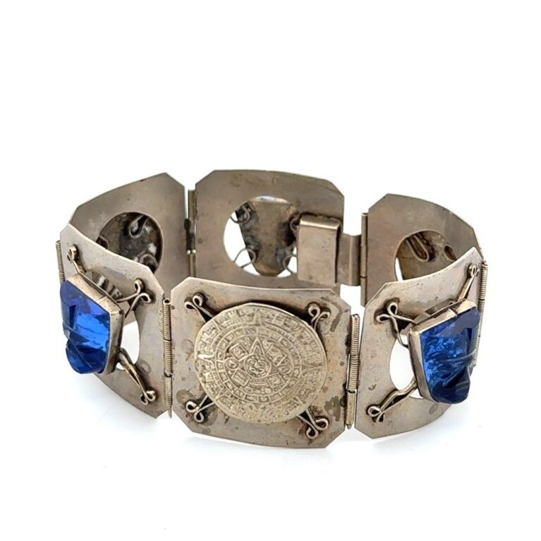 7” Vintage Blue Mask 925 Sterling Silver Mayan Calendar Panel Bracelet 27.6g
