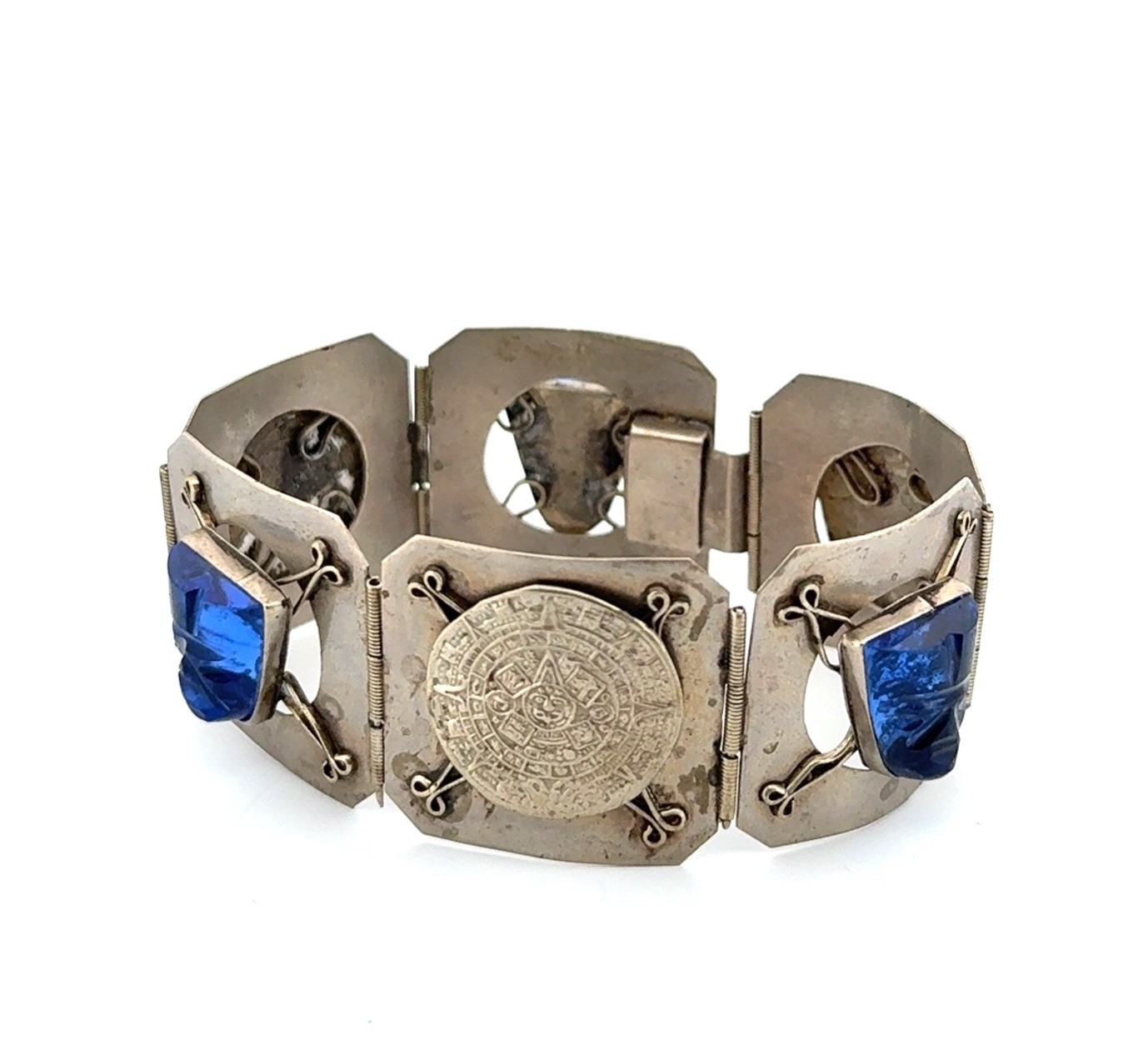 7” Vintage Blue Mask 925 Sterling Silver Mayan Calendar Panel Bracelet 27.6g