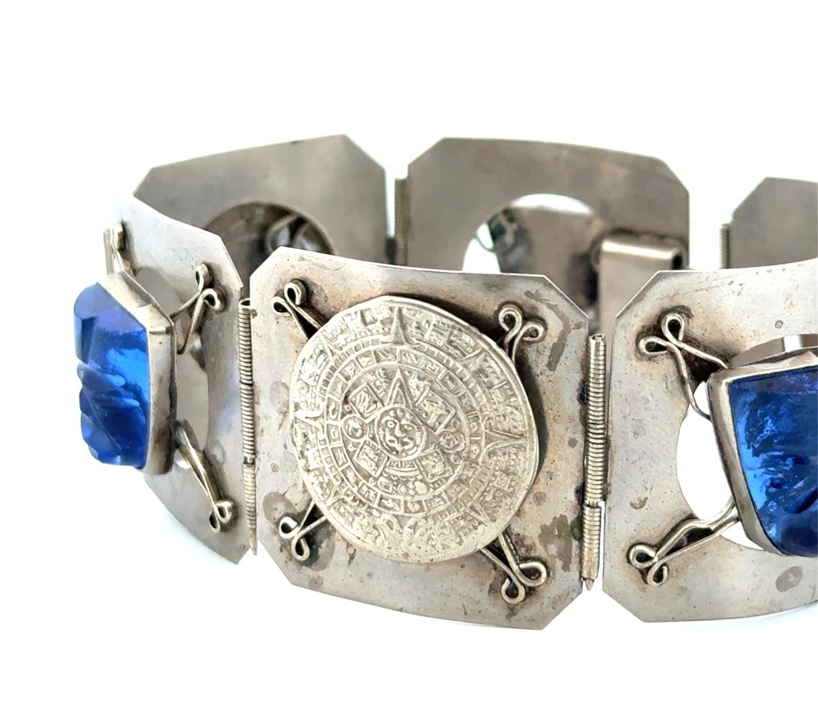 7” Vintage Blue Mask 925 Sterling Silver Mayan Calendar Panel Bracelet 27.6g - Image 2