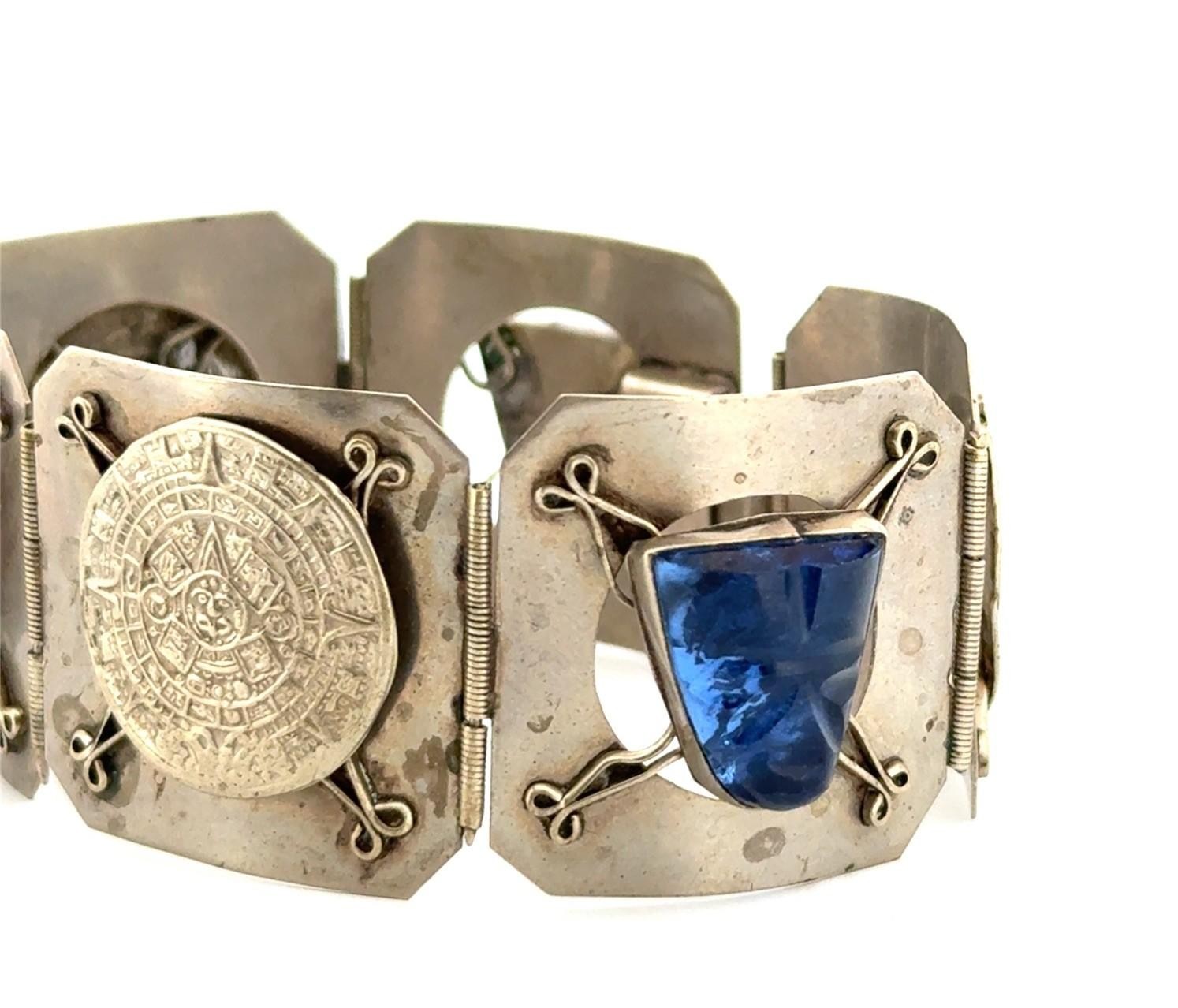 7” Vintage Blue Mask 925 Sterling Silver Mayan Calendar Panel Bracelet 27.6g - Image 3