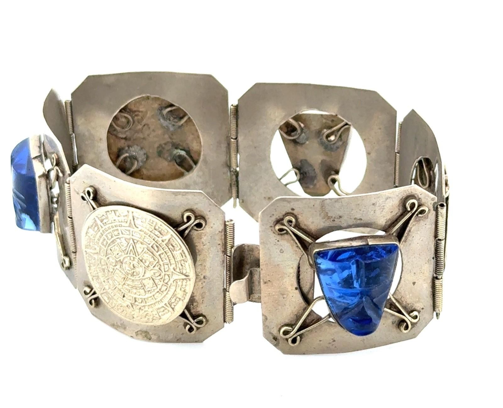 7” Vintage Blue Mask 925 Sterling Silver Mayan Calendar Panel Bracelet 27.6g - Image 4