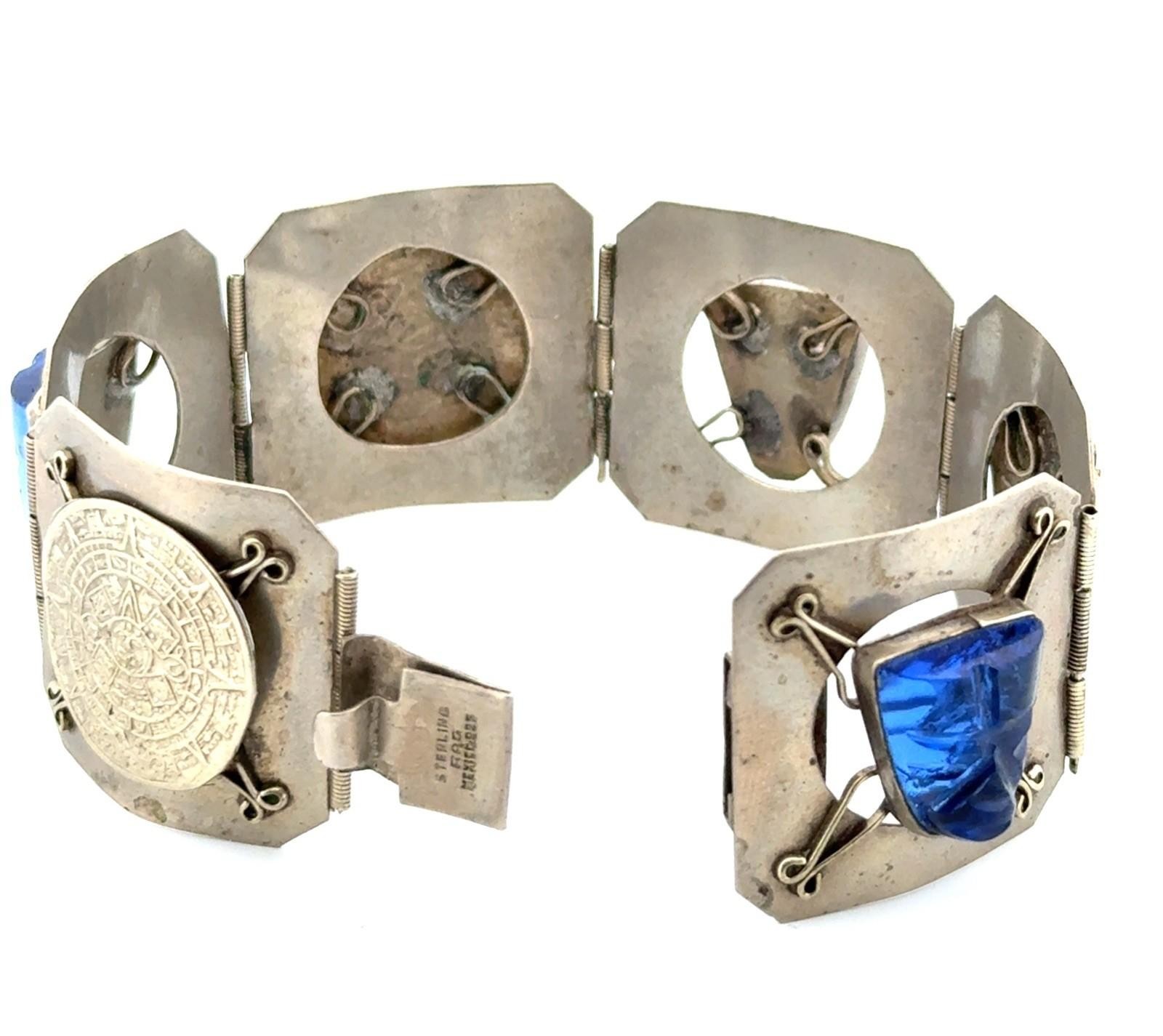 7” Vintage Blue Mask 925 Sterling Silver Mayan Calendar Panel Bracelet 27.6g - Image 5