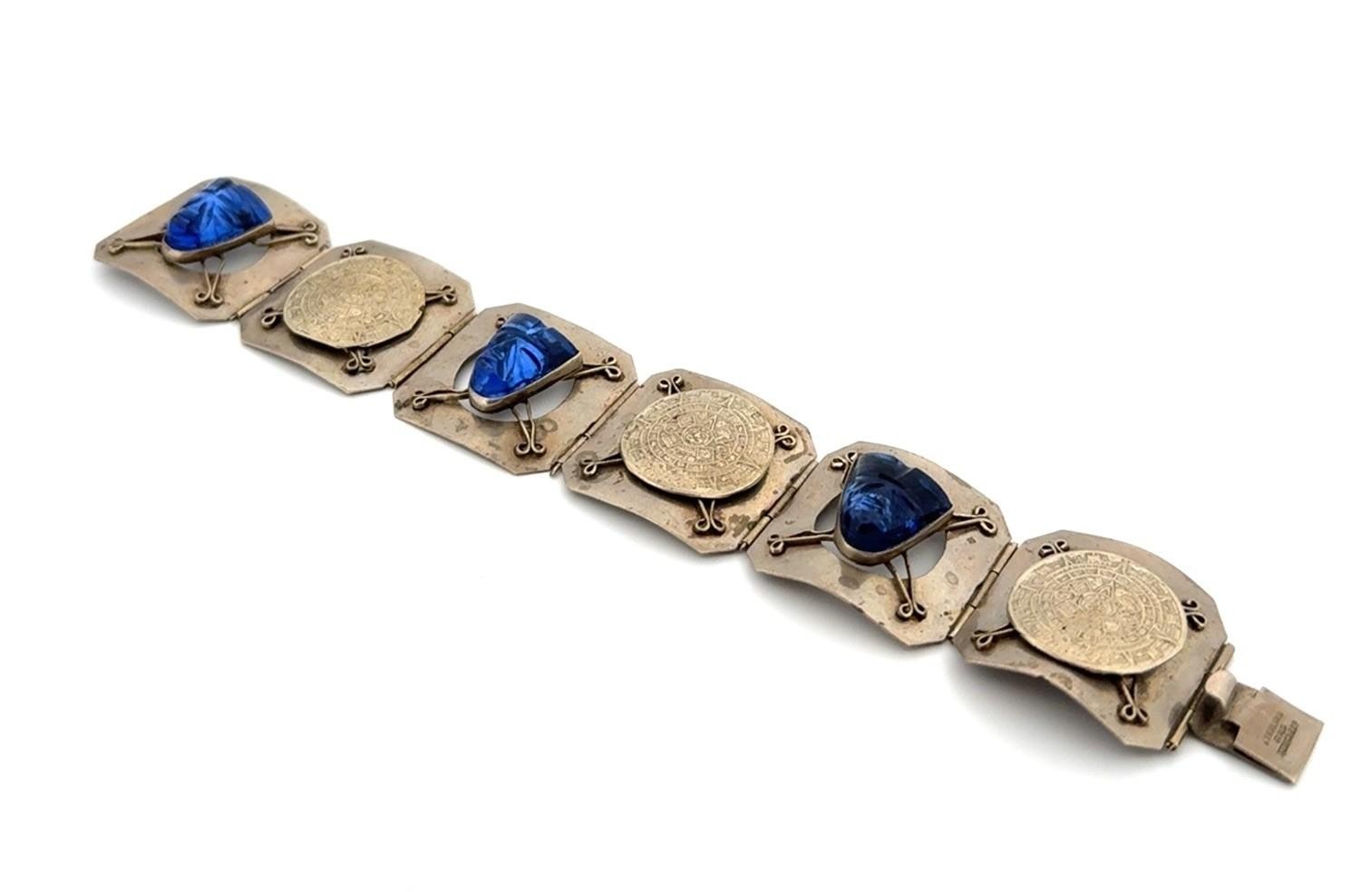 7” Vintage Blue Mask 925 Sterling Silver Mayan Calendar Panel Bracelet 27.6g - Image 7