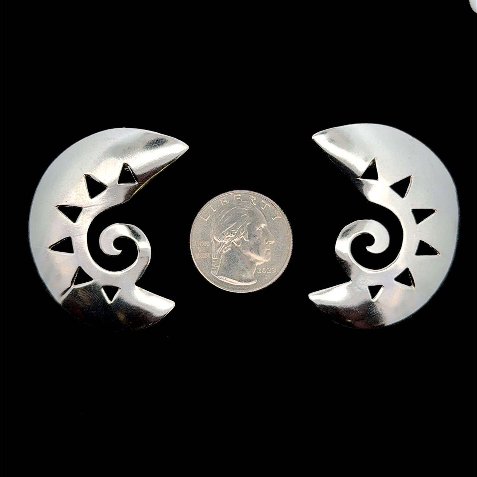 Vintage .925 Sterling Silver Modernist Crescent Moon Earrings, 15.1g - Image 7