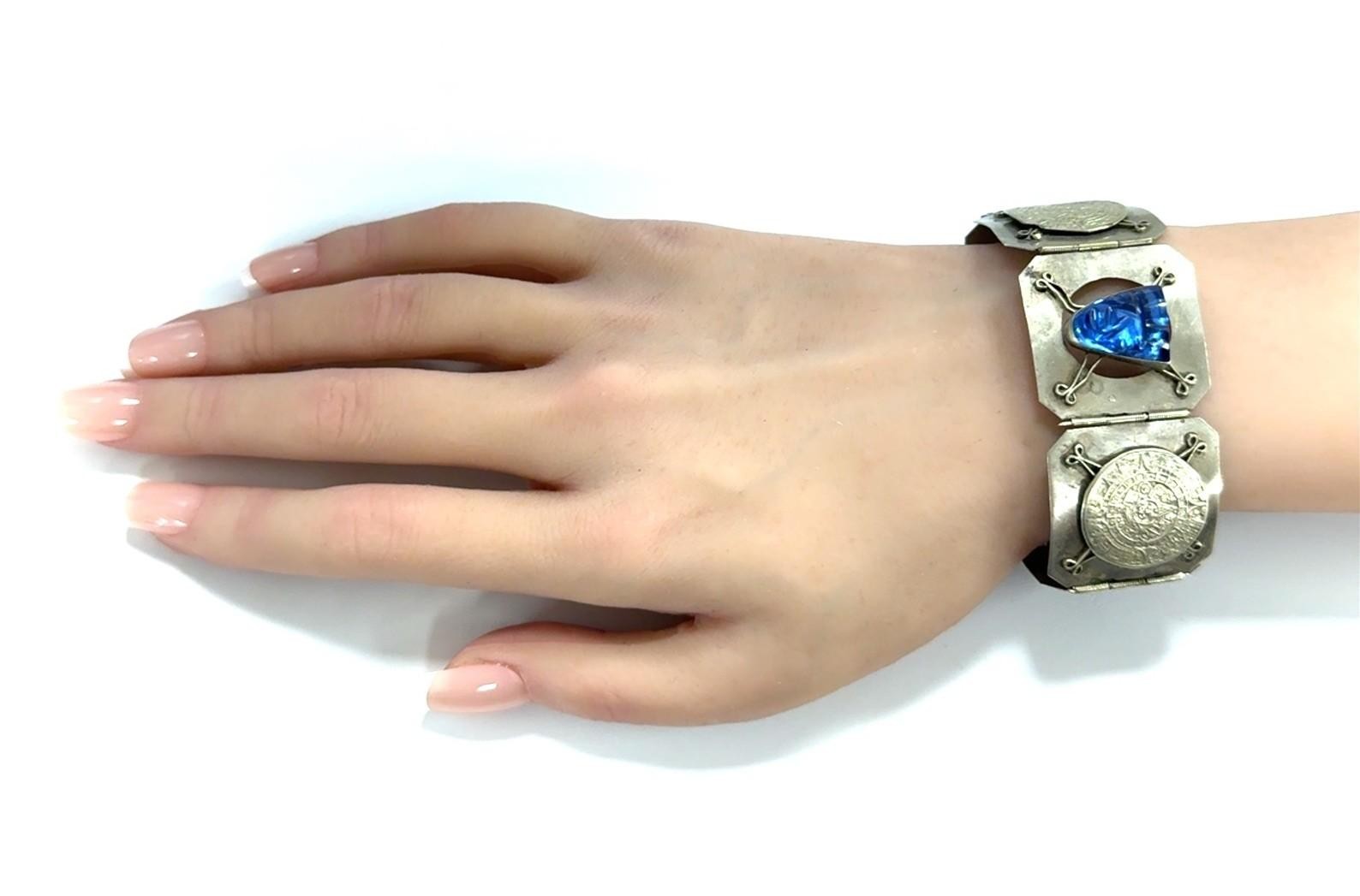 7” Vintage Blue Mask 925 Sterling Silver Mayan Calendar Panel Bracelet 27.6g - Image 9