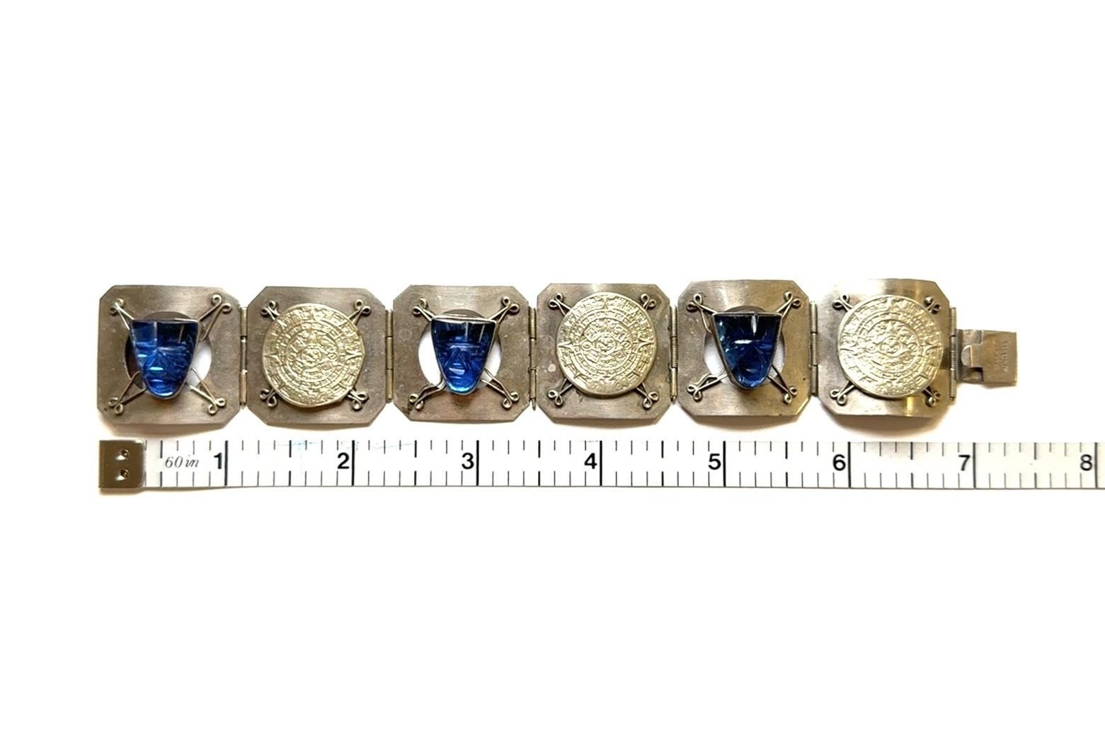 7” Vintage Blue Mask 925 Sterling Silver Mayan Calendar Panel Bracelet 27.6g - Image 10