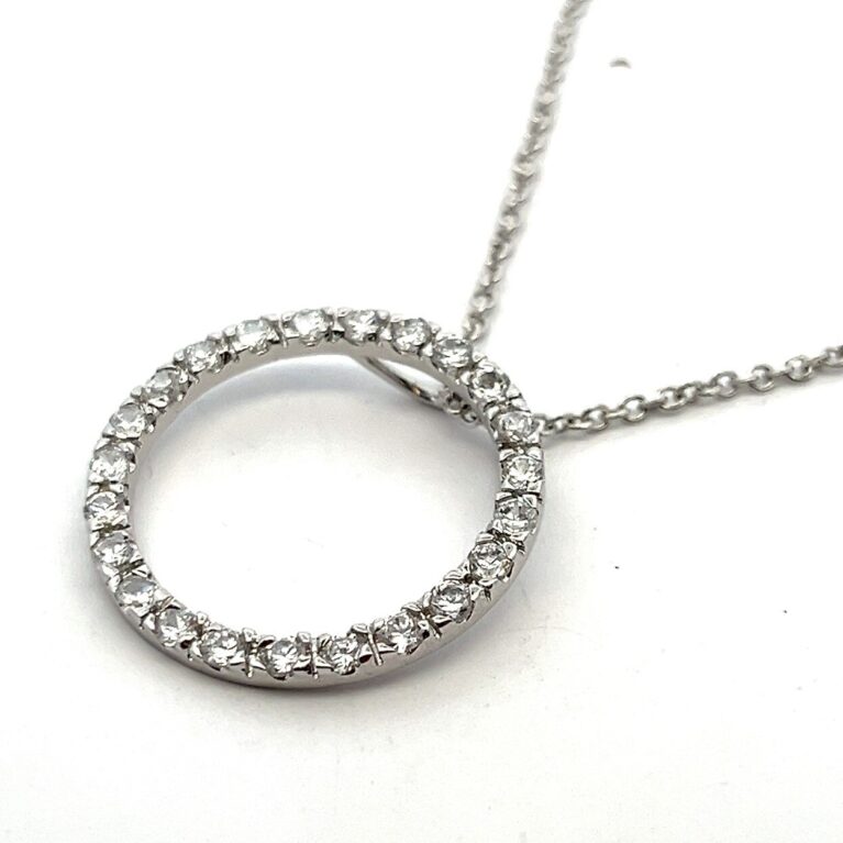 14”-16” Necklace w/ 925 Sterling Silver Open Circle Cubic Zirconia Pendant 5.4g