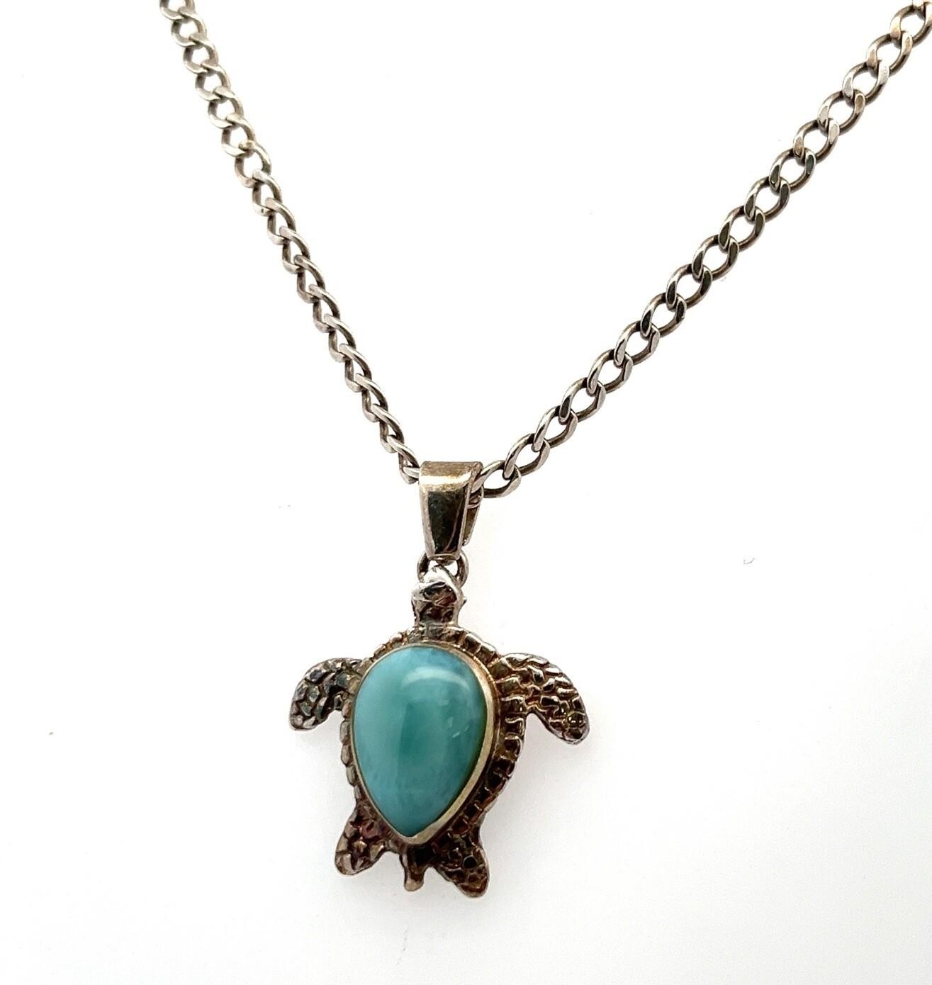 24” 925 Sterling Silver Ocean Blue Larimar Sea Turtle Pendant on SS Chain 14.8g - Image 2