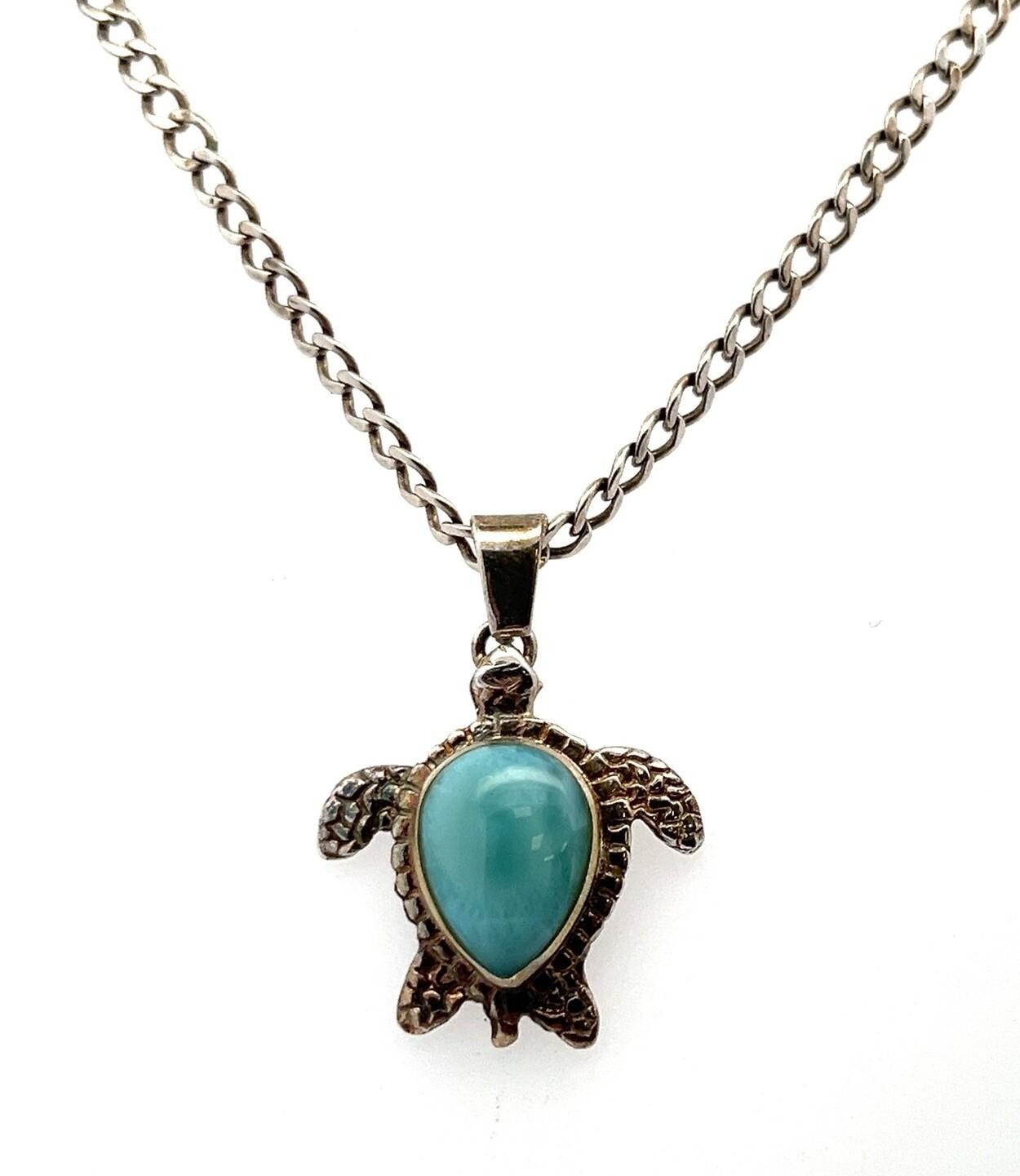 24” 925 Sterling Silver Ocean Blue Larimar Sea Turtle Pendant on SS Chain 14.8g - Image 3