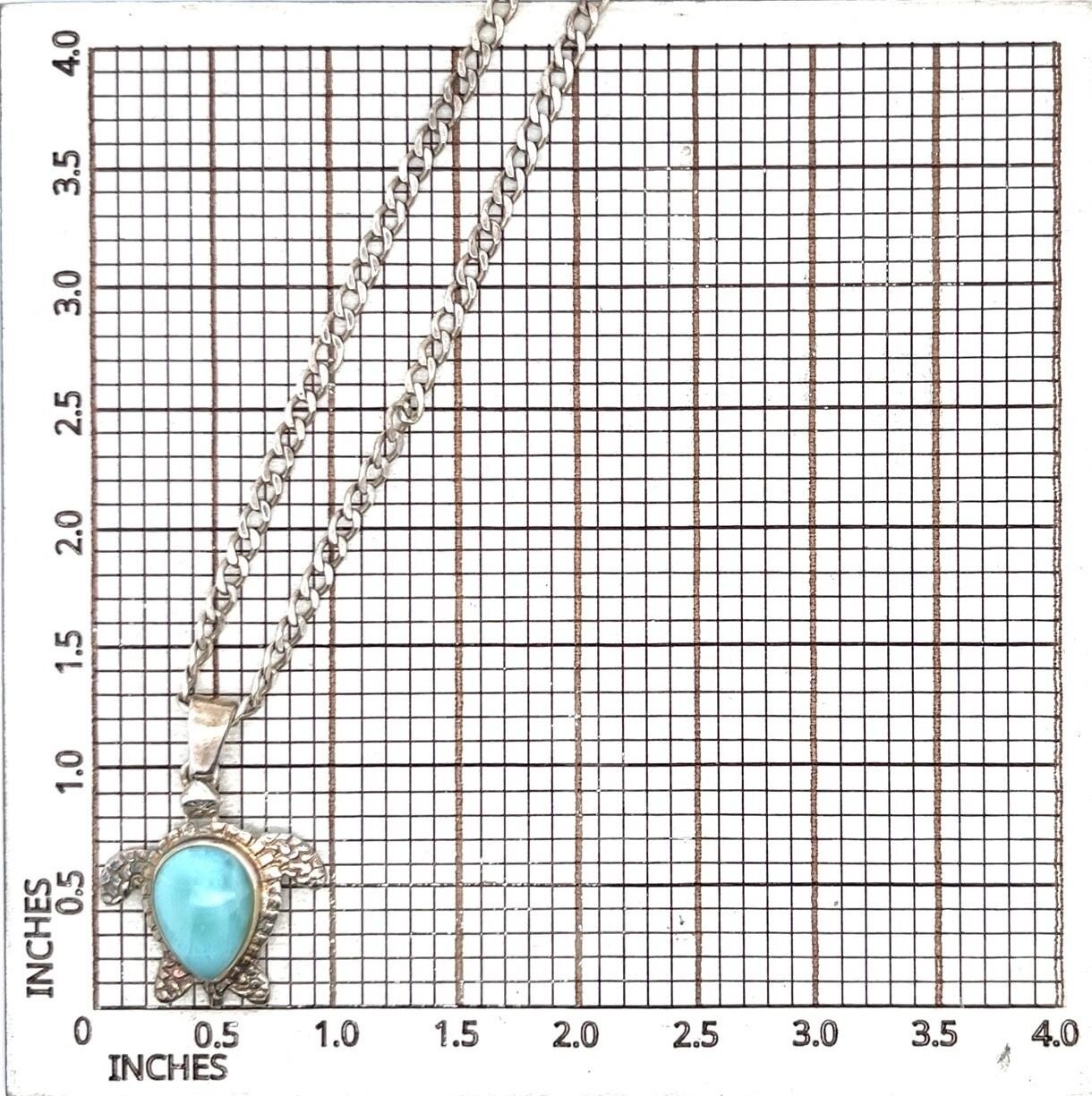 24” 925 Sterling Silver Ocean Blue Larimar Sea Turtle Pendant on SS Chain 14.8g - Image 9