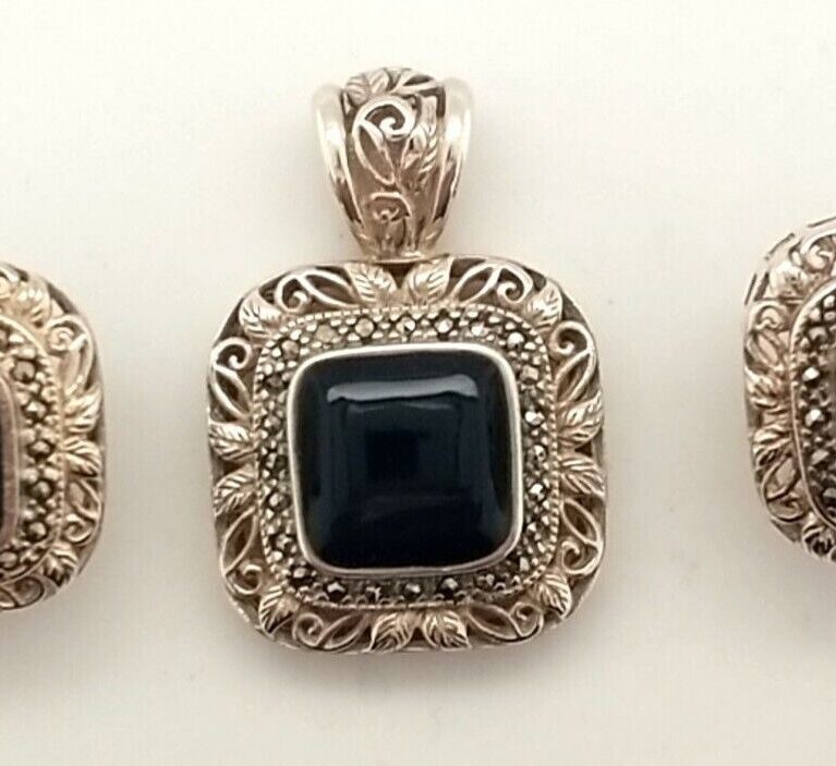 Vintage 925 Silver Black Onyx & Marcasite Pendant With Matching Earrings Set