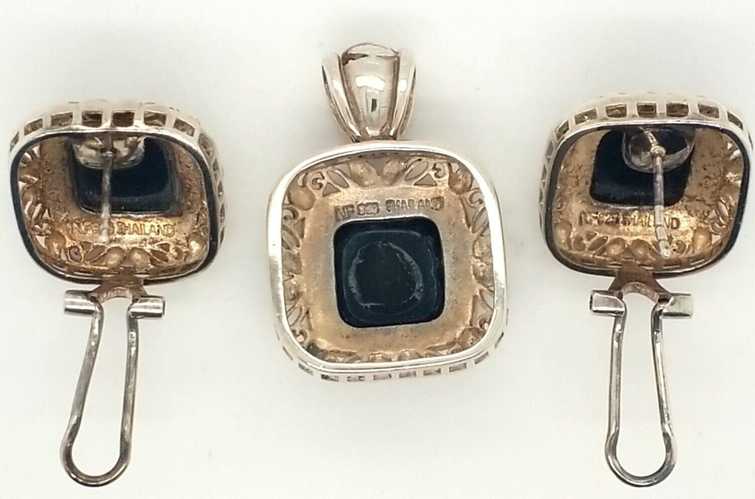 Vintage 925 Silver Black Onyx & Marcasite Pendant With Matching Earrings Set - Image 2
