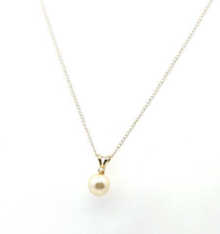 18” Dainty 14k Yellow Gold Pearl & Diamond Pendant Necklace 1.0g