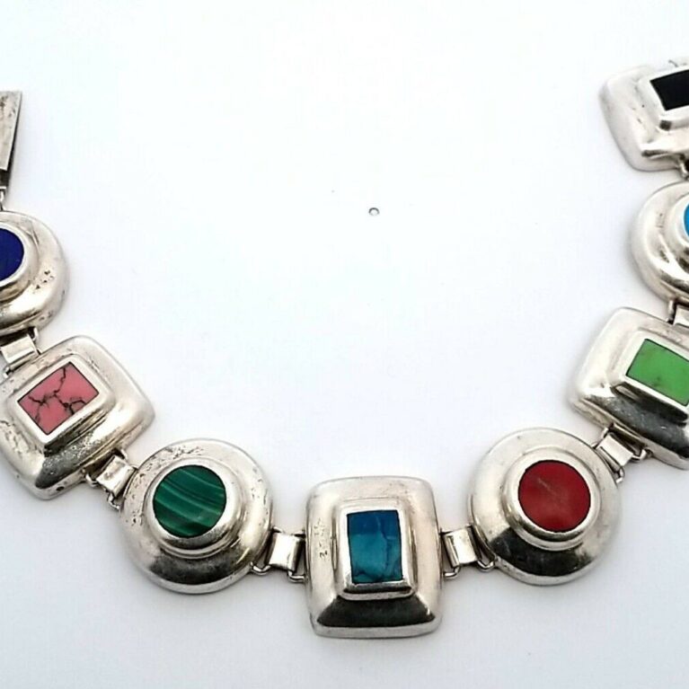 Southwestern 925 Sterling Silver Multi-Stone 7.5" Bracelet 48.4 Grams
