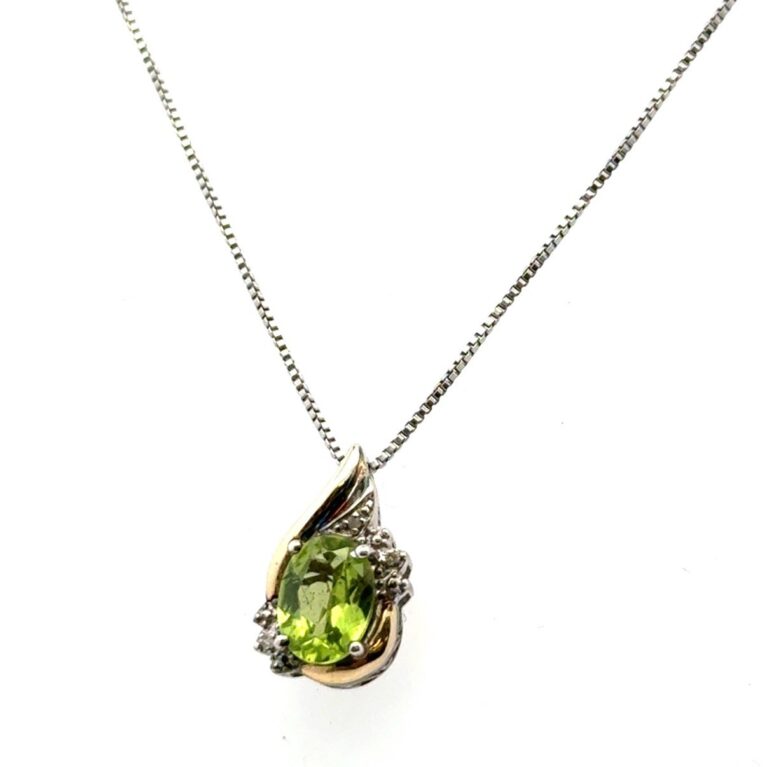 18” 925 Sterling Silver & 10k Peridot & White Sapphire Pendant Necklace 2.9g