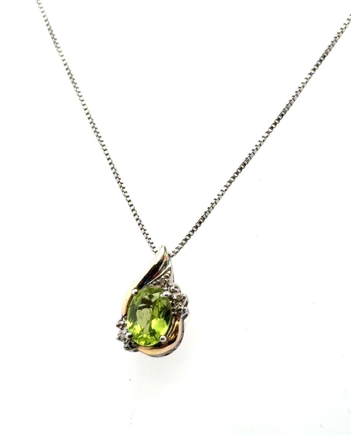 18” 925 Sterling Silver & 10k Peridot & White Sapphire Pendant Necklace 2.9g
