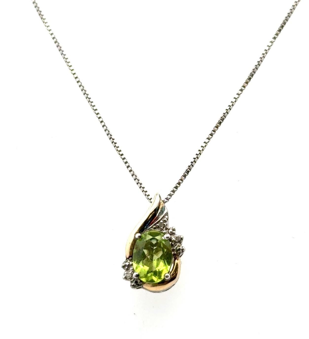 18” 925 Sterling Silver & 10k Peridot & White Sapphire Pendant Necklace 2.9g - Image 2