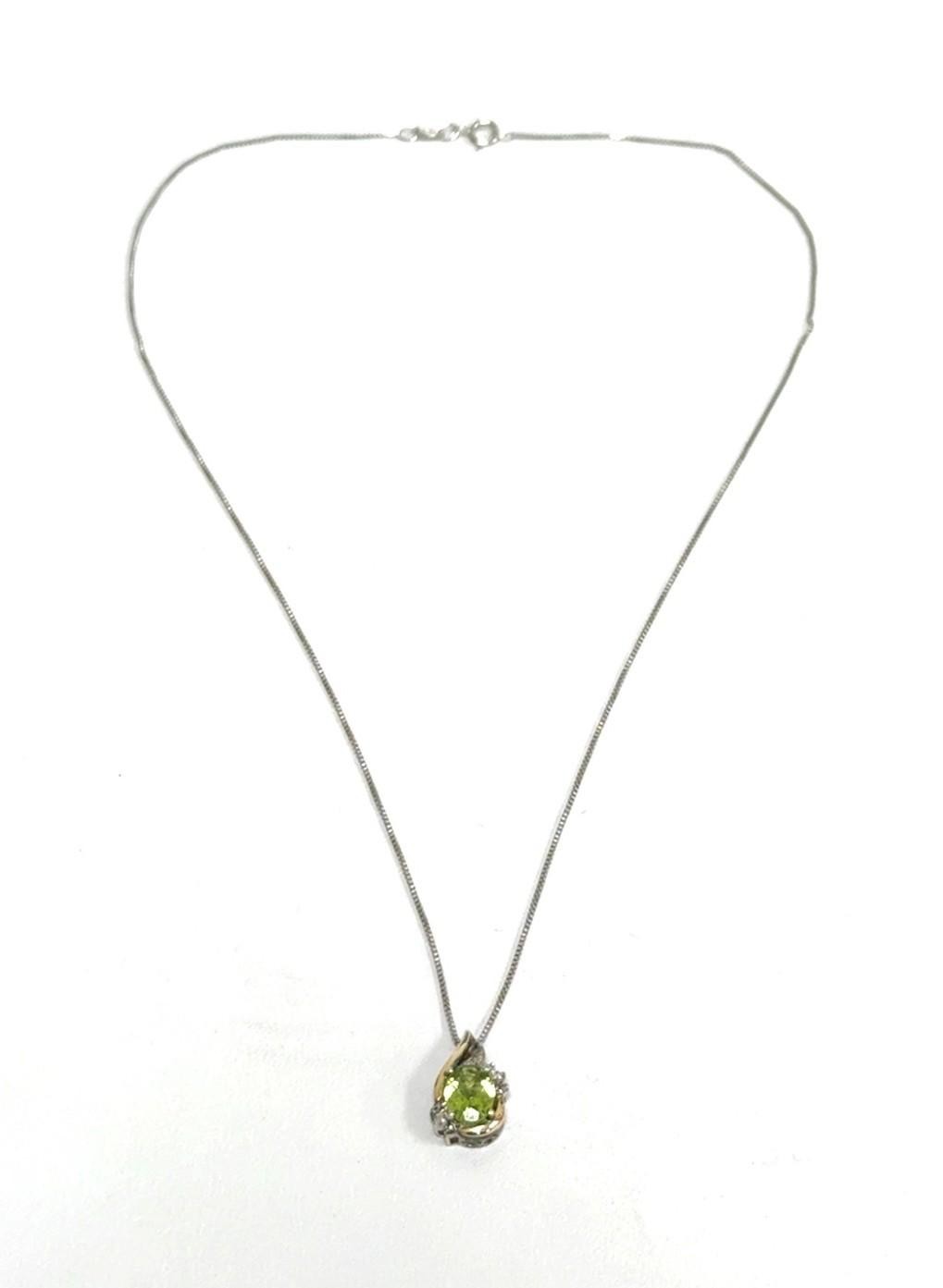 18” 925 Sterling Silver & 10k Peridot & White Sapphire Pendant Necklace 2.9g - Image 6