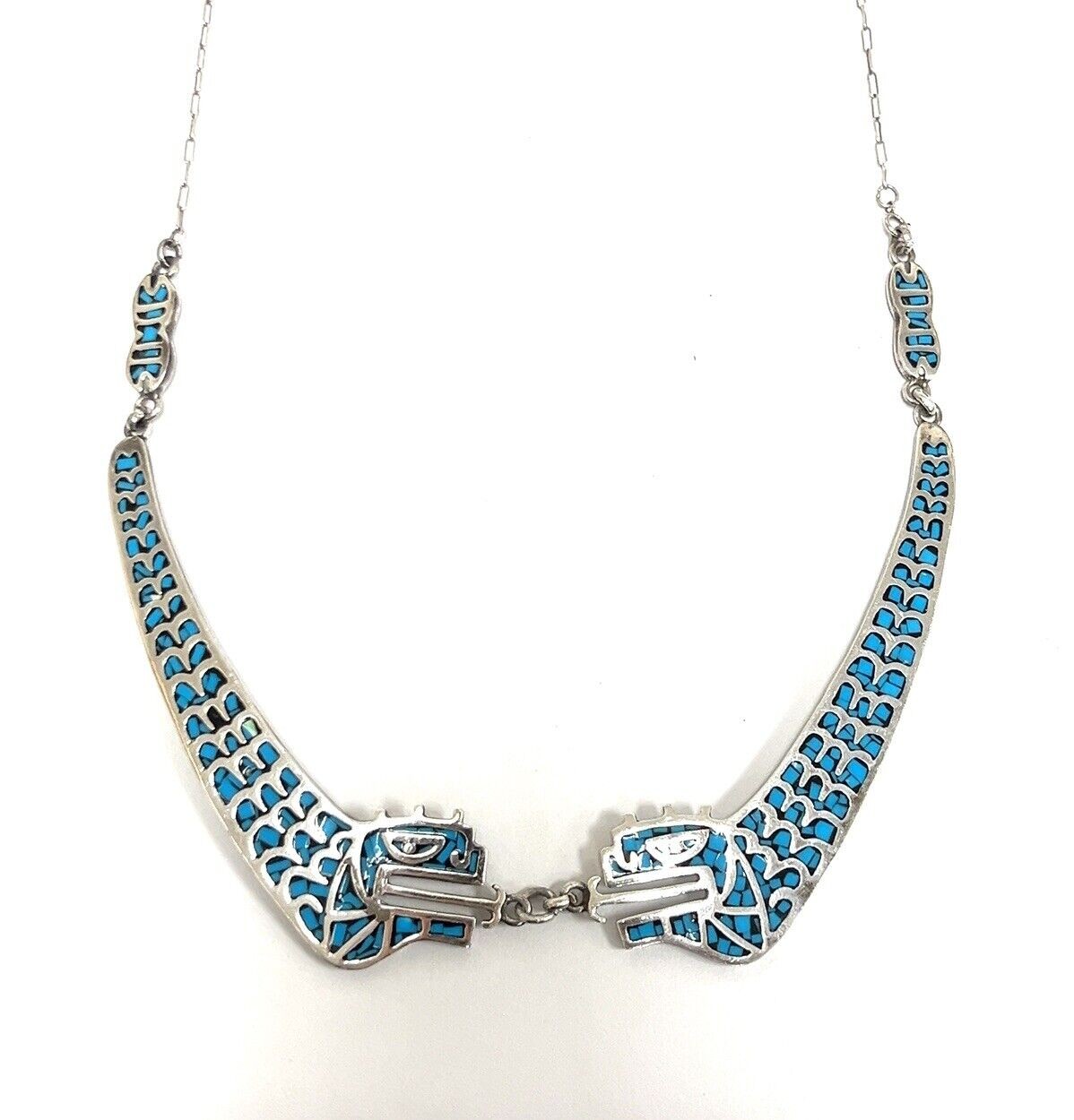 28” Mexico 925 Sterling Silver Turquoise Chip Inlay Stylized Snake Pendant 57.4g