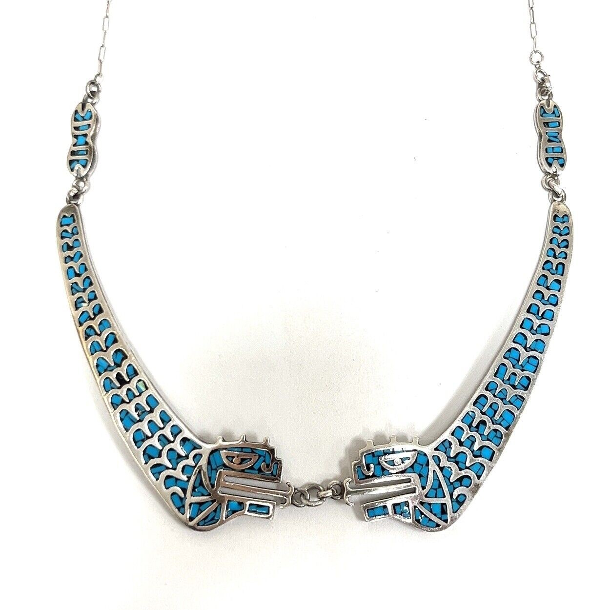 28” Mexico 925 Sterling Silver Turquoise Chip Inlay Stylized Snake Pendant 57.4g - Image 2