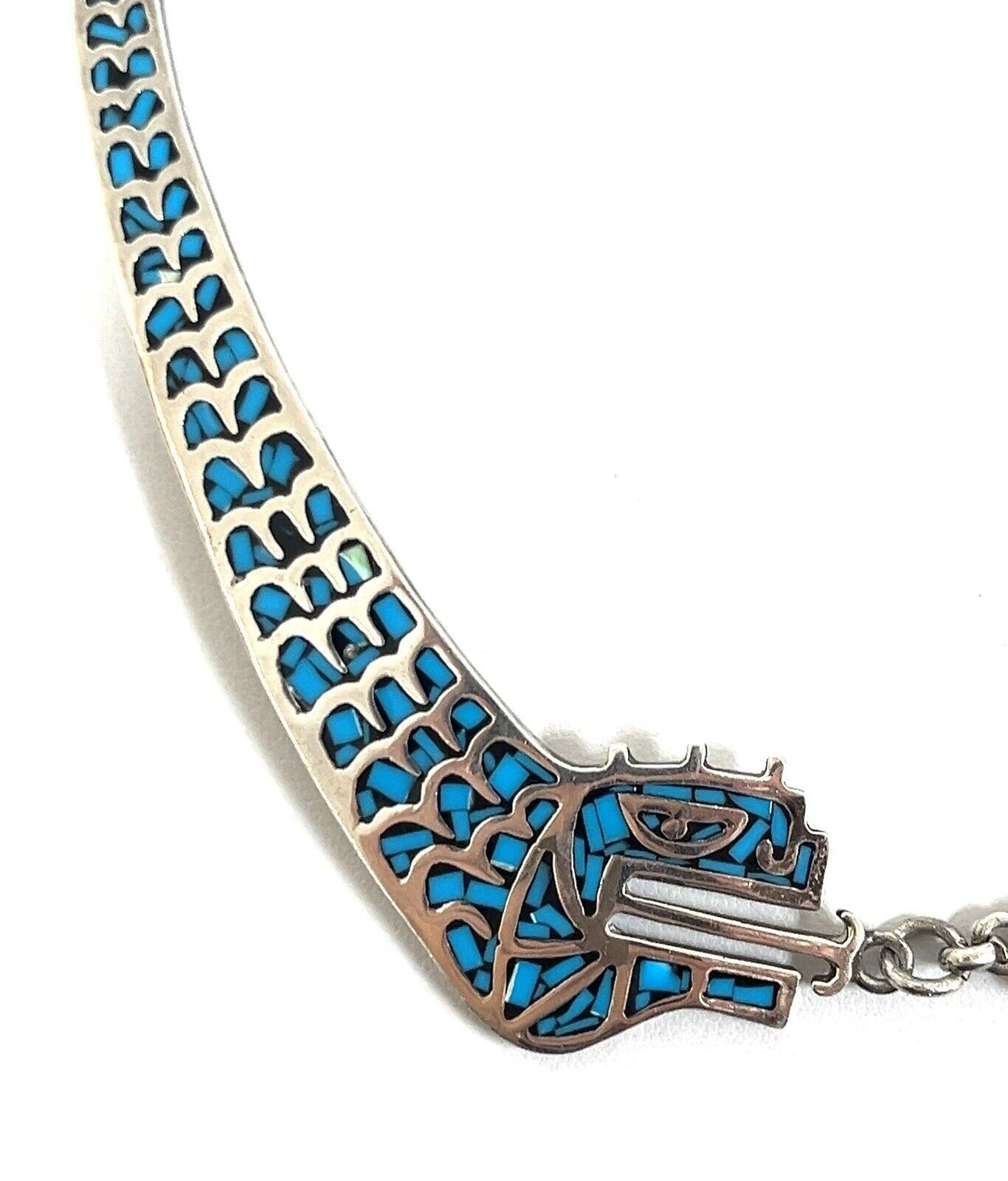 28” Mexico 925 Sterling Silver Turquoise Chip Inlay Stylized Snake Pendant 57.4g - Image 4