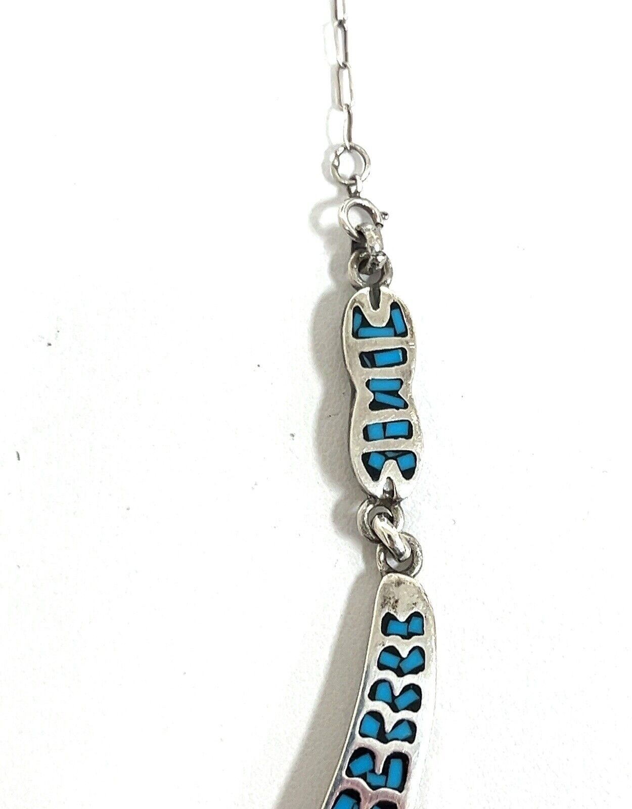 28” Mexico 925 Sterling Silver Turquoise Chip Inlay Stylized Snake Pendant 57.4g - Image 6