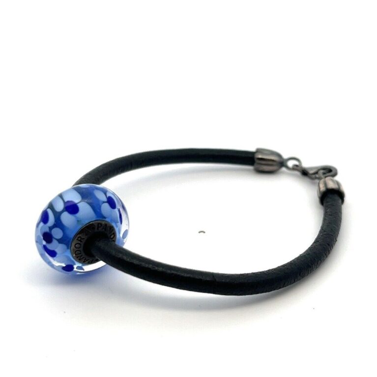 Pandora Black Cord Bracelet w/ Blue Murano Glass Bead Black Oxidized Silver Ends
