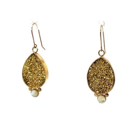 14k Yellow Gold Druzy Quartz Mother of Pearl Golden Sparkle Dangle Earrings 4.4g