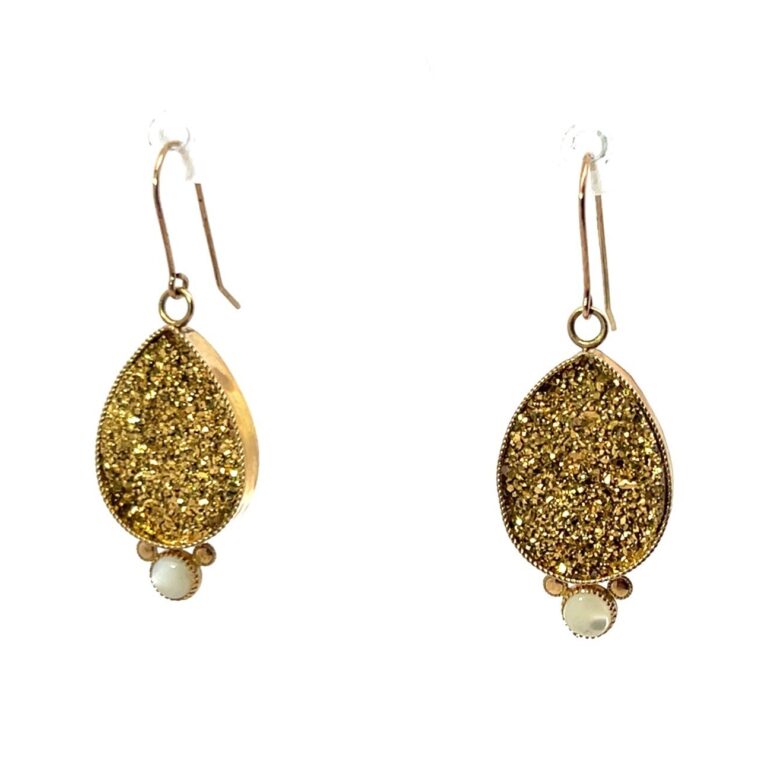14k Yellow Gold Druzy Quartz Mother of Pearl Golden Sparkle Dangle Earrings 4.4g