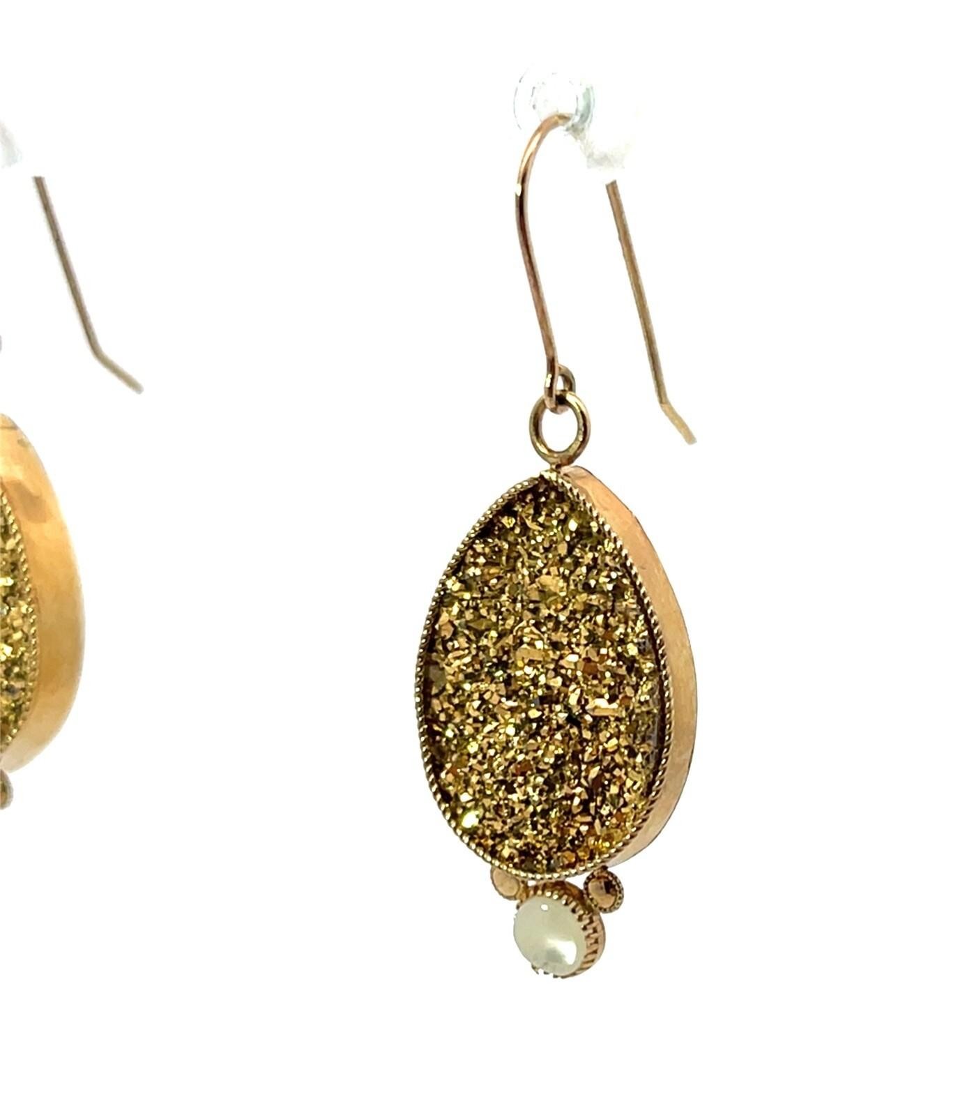 14k Yellow Gold Druzy Quartz Mother of Pearl Golden Sparkle Dangle Earrings 4.4g - Image 2