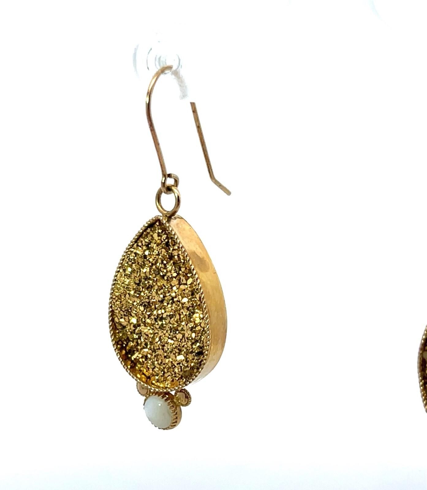 14k Yellow Gold Druzy Quartz Mother of Pearl Golden Sparkle Dangle Earrings 4.4g - Image 3