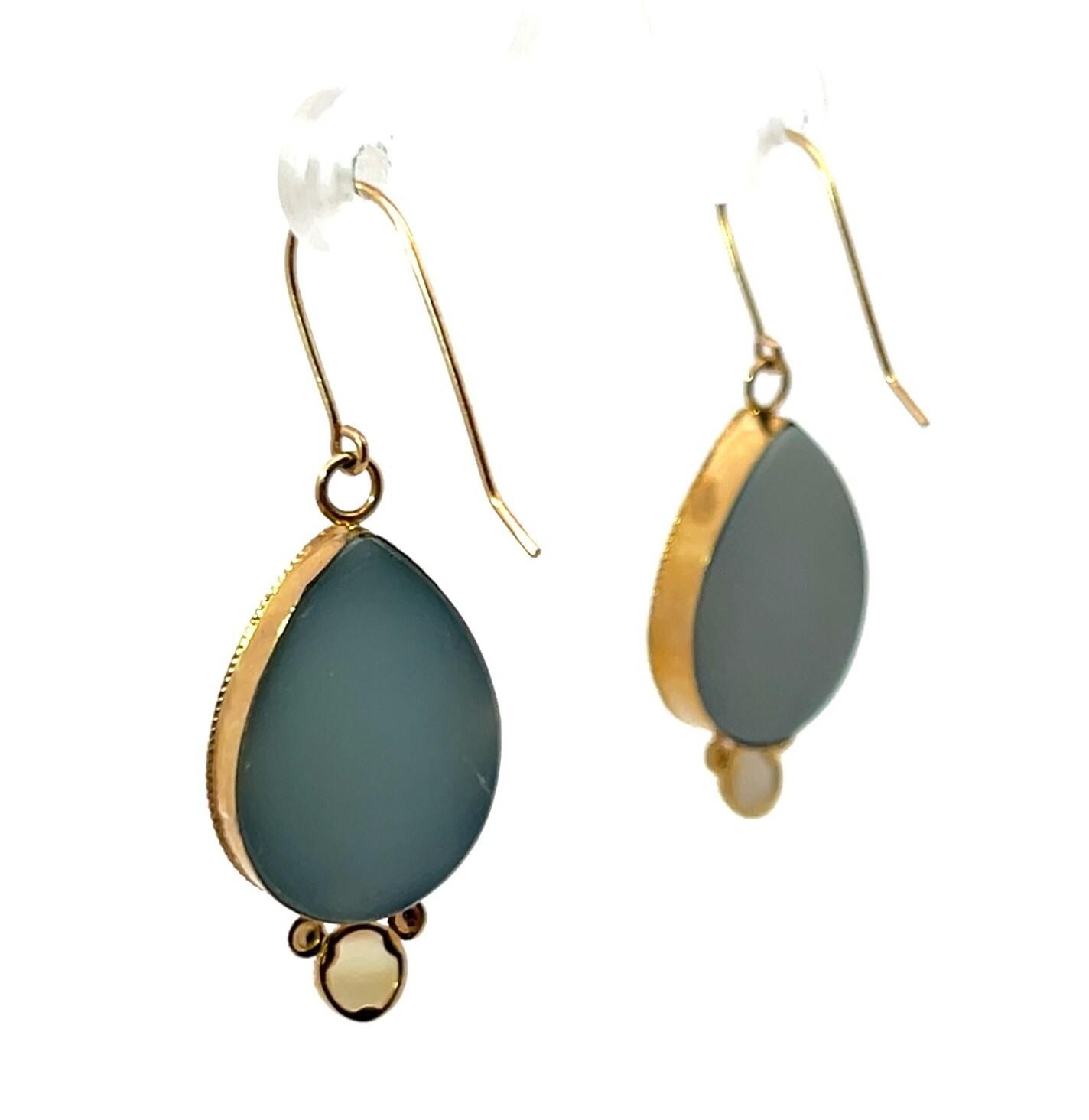 14k Yellow Gold Druzy Quartz Mother of Pearl Golden Sparkle Dangle Earrings 4.4g - Image 4