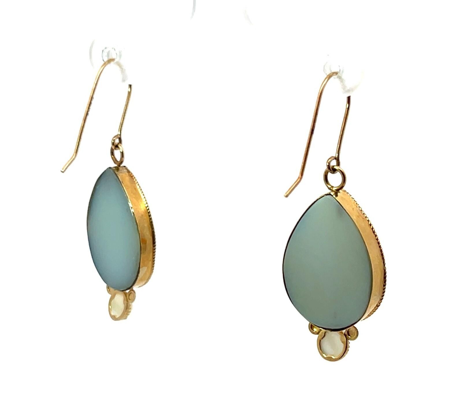 14k Yellow Gold Druzy Quartz Mother of Pearl Golden Sparkle Dangle Earrings 4.4g - Image 5