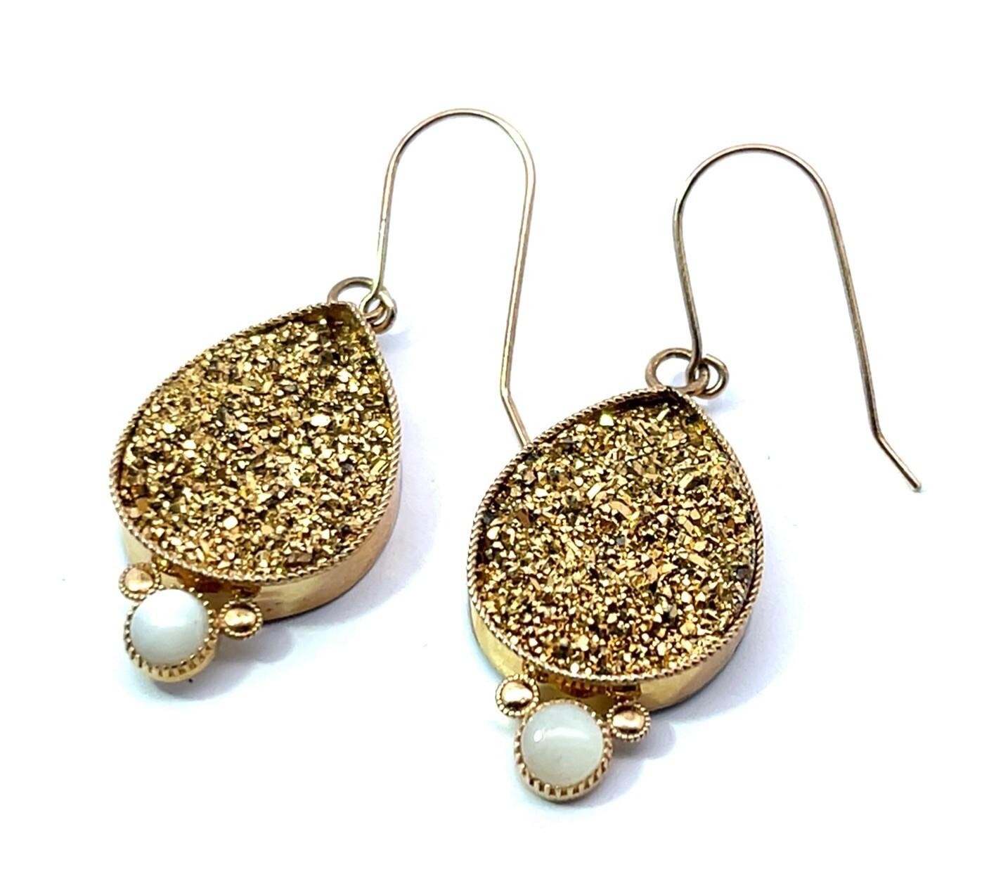 14k Yellow Gold Druzy Quartz Mother of Pearl Golden Sparkle Dangle Earrings 4.4g - Image 6