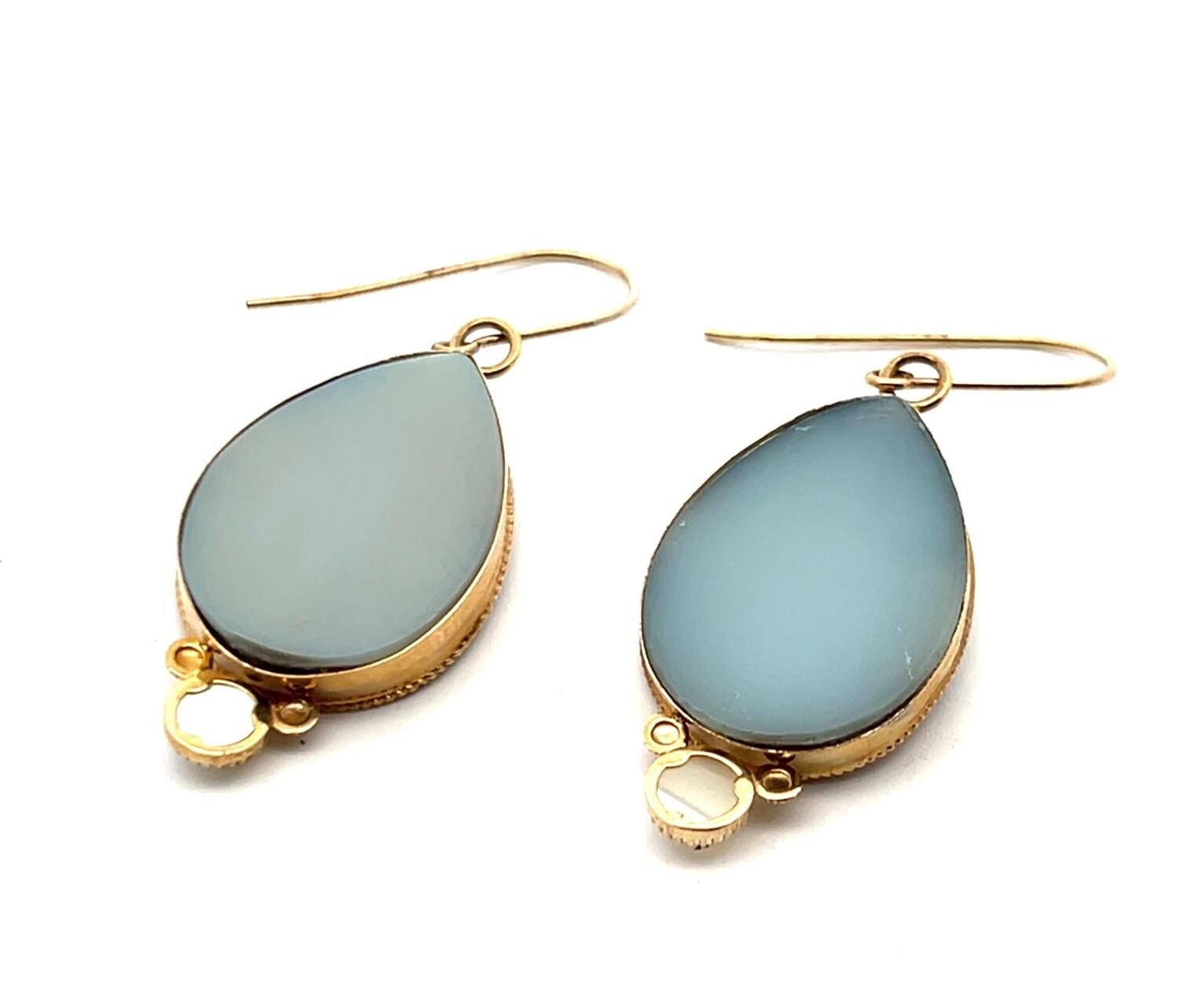 14k Yellow Gold Druzy Quartz Mother of Pearl Golden Sparkle Dangle Earrings 4.4g - Image 7