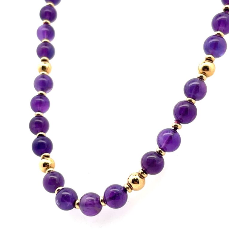 28” x 8mm 14k Yellow Gold & Amethyst Beaded Necklace 47.4g