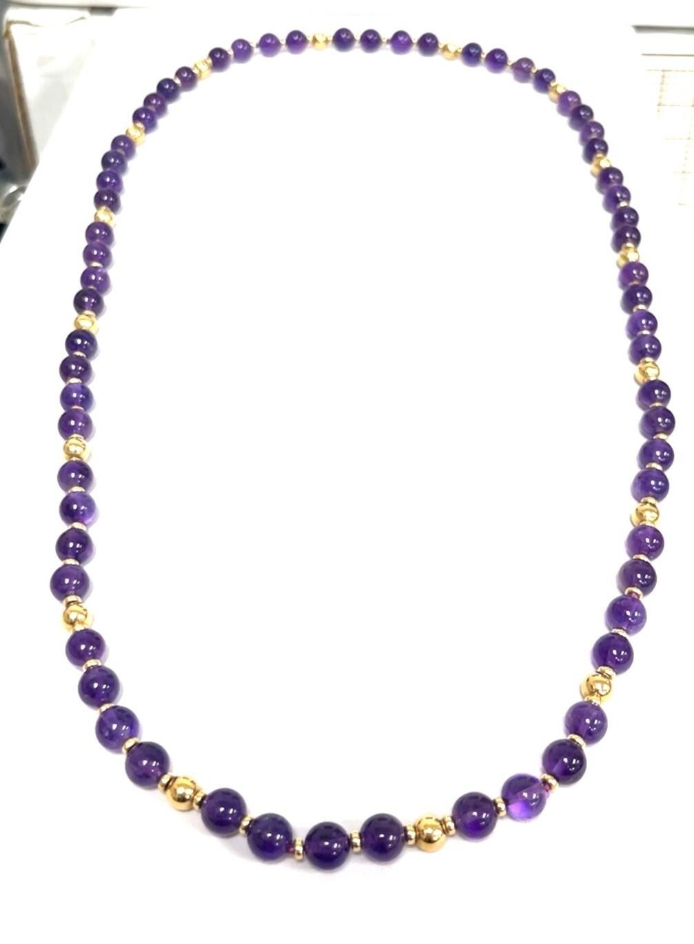 28” x 8mm 14k Yellow Gold & Amethyst Beaded Necklace 47.4g - Image 5