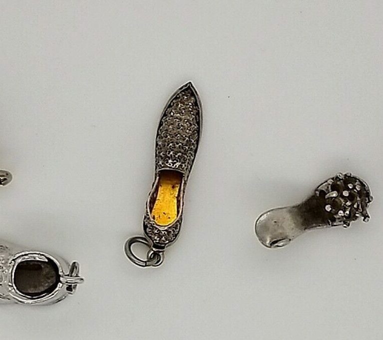 Various Sterling Silver Charms 5 Pcs- Hershey Kiss,Fancy Slipper,Shoe 16.8 Grams