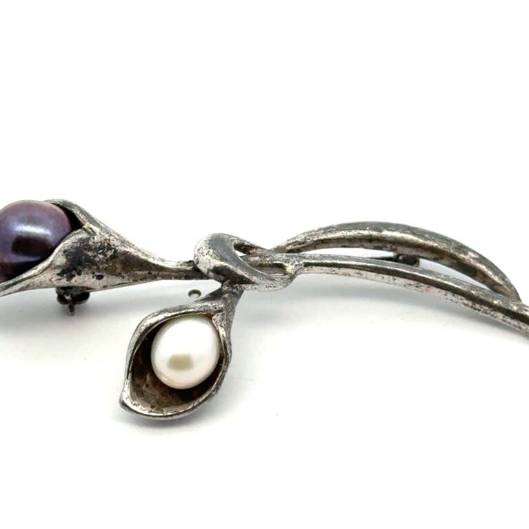 Vintage 925 Sterling Silver White & Black Pearl Calla Lily Flower Brooch/Pin 10g