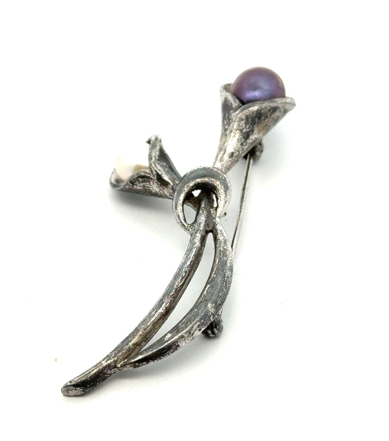 Vintage 925 Sterling Silver White & Black Pearl Calla Lily Flower Brooch/Pin 10g - Image 3
